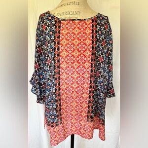 Zac & Rachel Womens 3/4 Flutter Sleeve Blouse in Blue/Pink Medallion Sz 3X